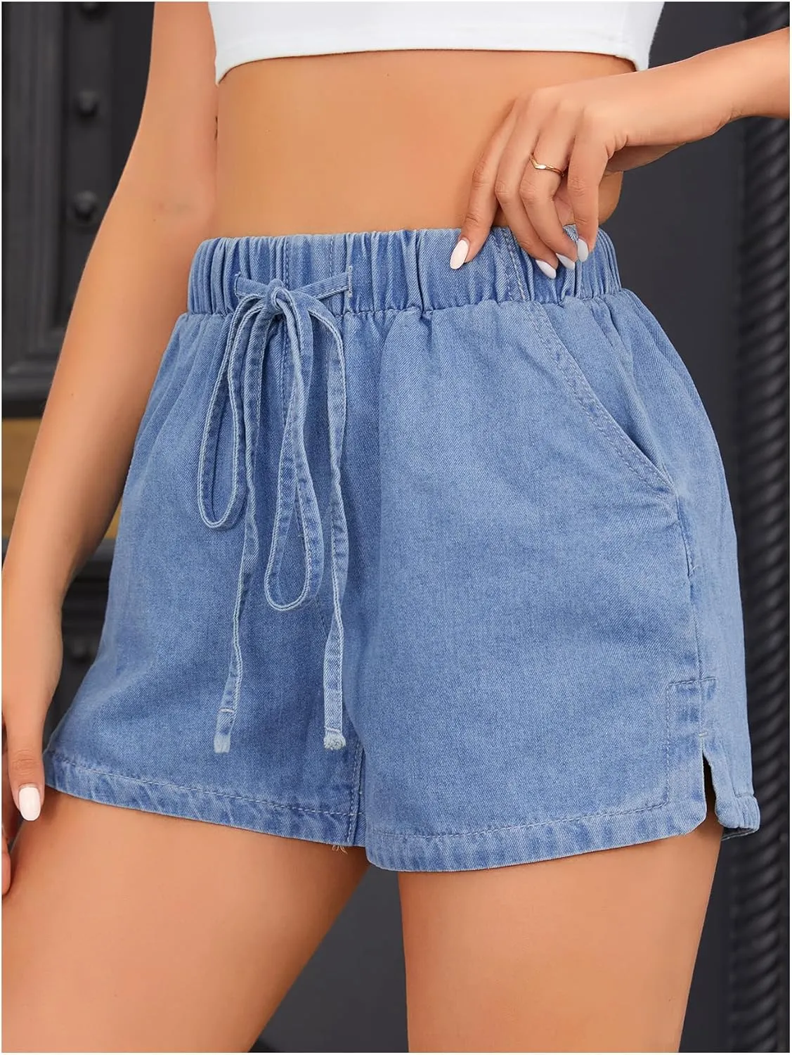 OYOANGLE Women's Elastic Waist Tie Front Straight Leg Denim Shorts Casual Jean Shorts with Pocket