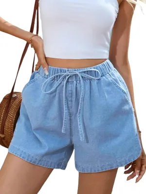 OYOANGLE Women's Elastic Waist Tie Front Straight Leg Denim Shorts Casual Jean Shorts with Pocket