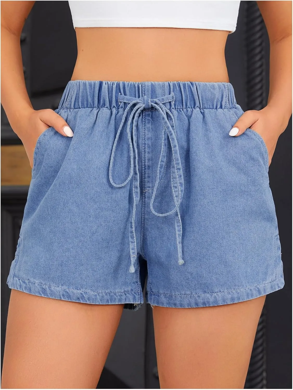 OYOANGLE Women's Elastic Waist Tie Front Straight Leg Denim Shorts Casual Jean Shorts with Pocket