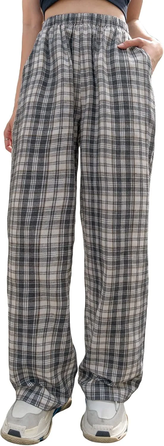 OYOANGLE Women's Plaid High Elastic Waist Wide Straight Leg Pants Trousers with Pocket