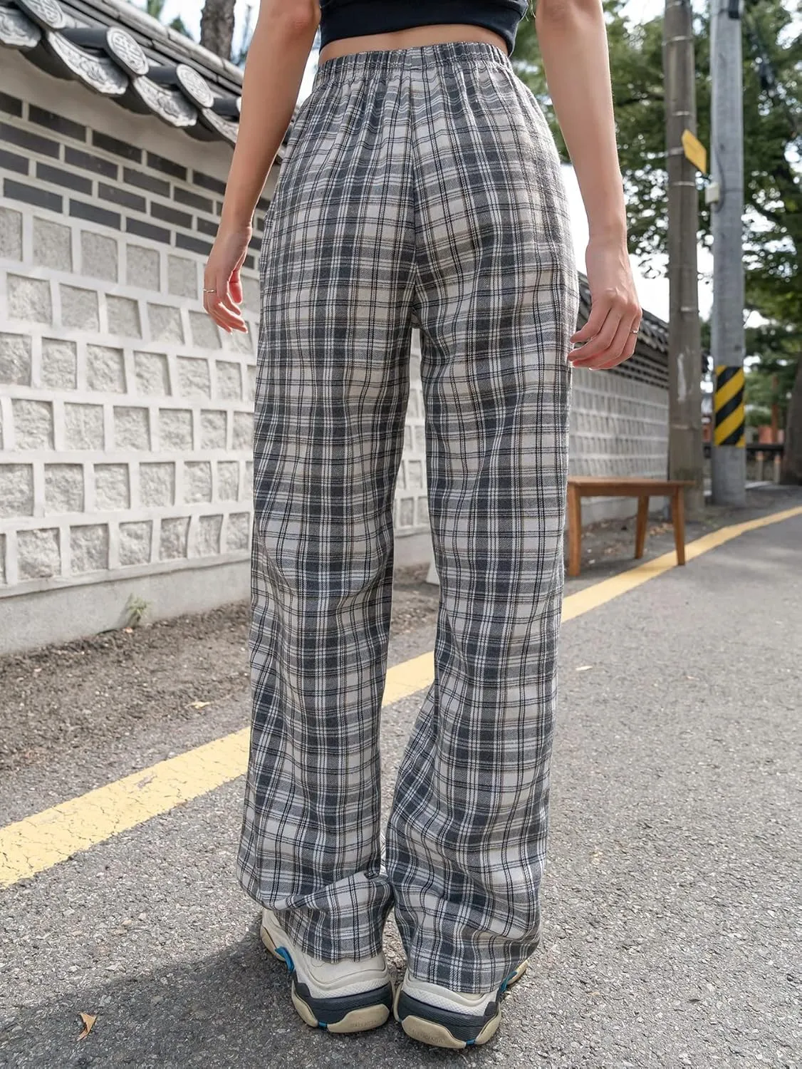 OYOANGLE Women's Plaid High Elastic Waist Wide Straight Leg Pants Trousers with Pocket