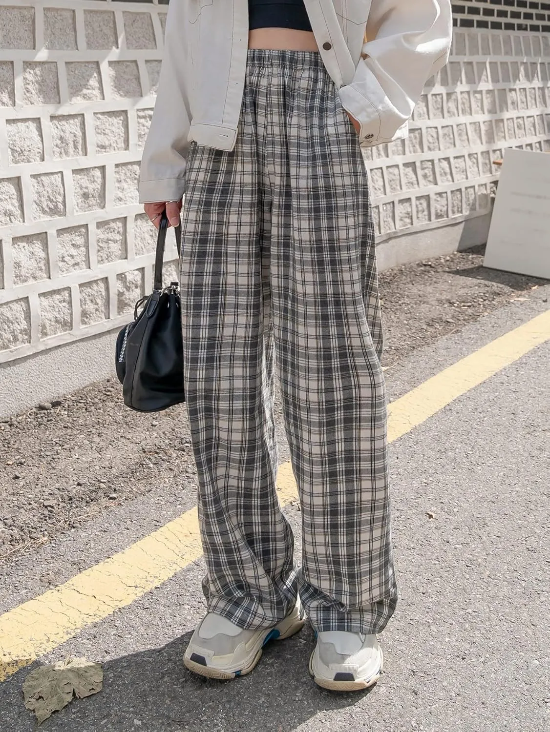 OYOANGLE Women's Plaid High Elastic Waist Wide Straight Leg Pants Trousers with Pocket