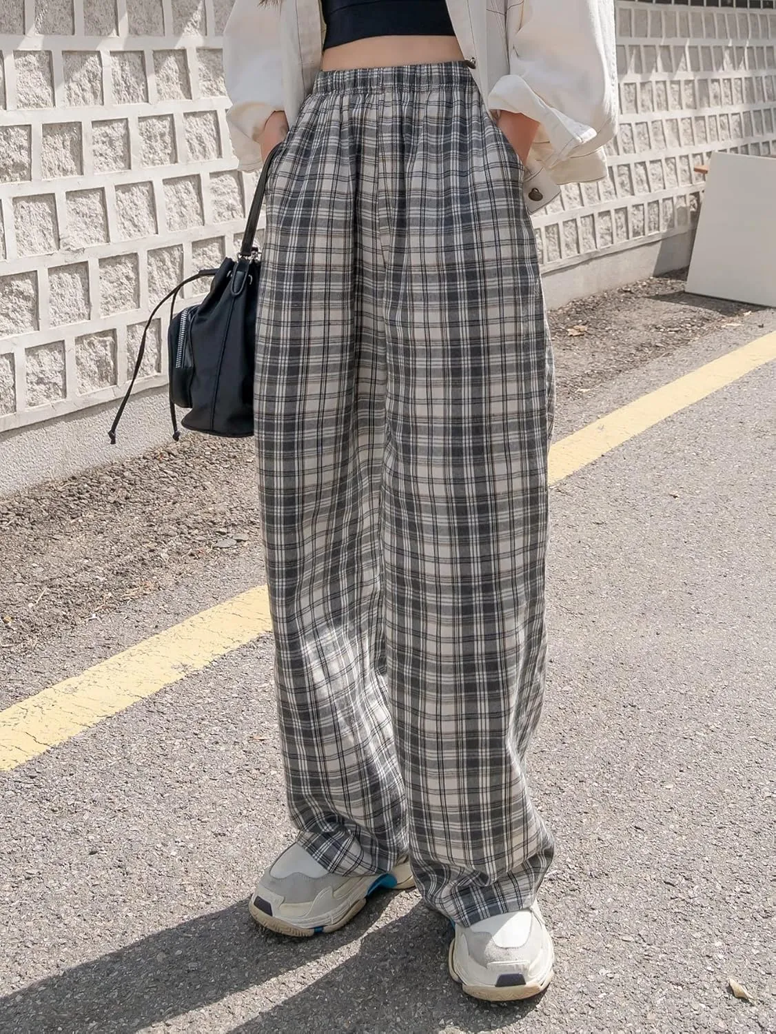 OYOANGLE Women's Plaid High Elastic Waist Wide Straight Leg Pants Trousers with Pocket