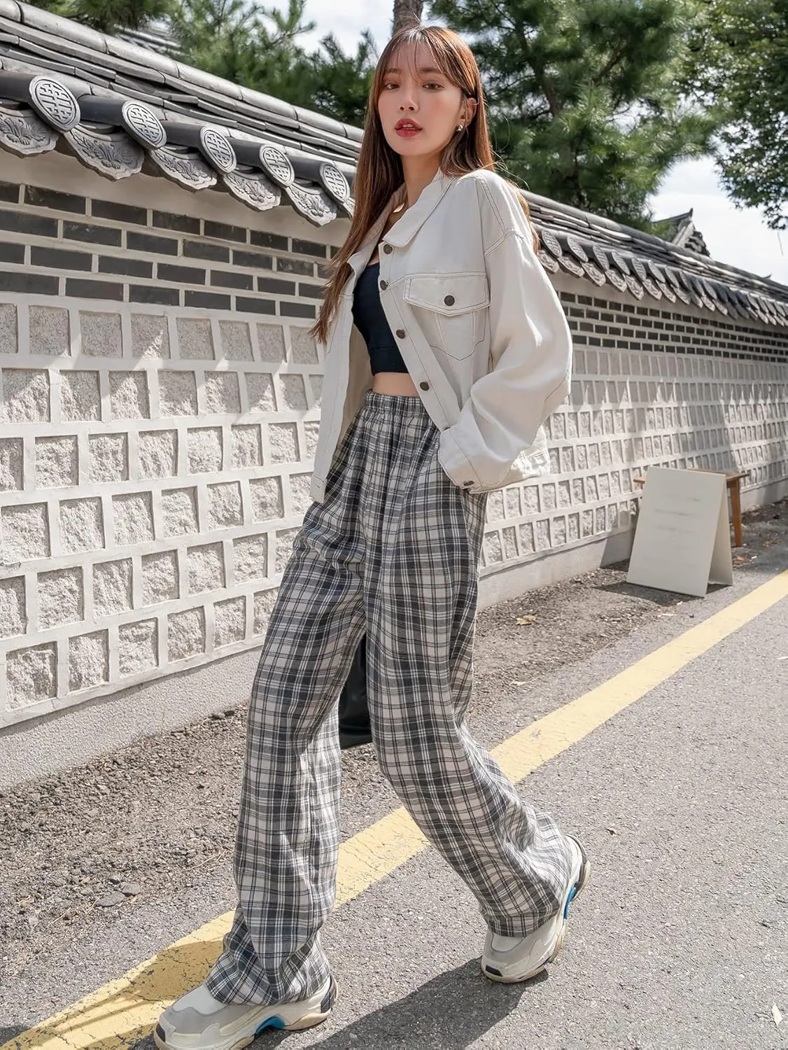 OYOANGLE Women's Plaid High Elastic Waist Wide Straight Leg Pants Trousers with Pocket