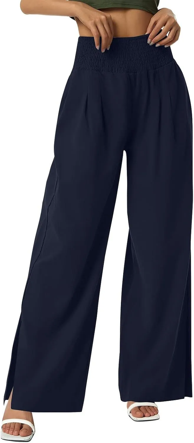 Palazzo Pants for Women Cotton Linen Summer Lounge Pants Casual Comfy Elastic Side Slit Wide Leg Beach Trousers