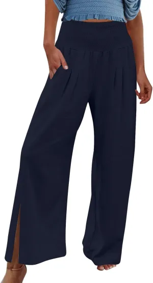 Palazzo Pants for Women Cotton Linen Summer Lounge Pants Casual Comfy Elastic Side Slit Wide Leg Beach Trousers