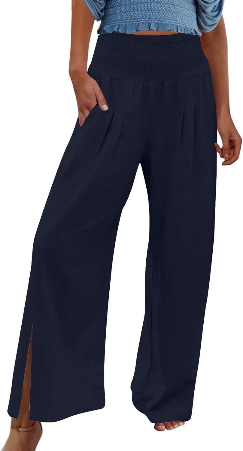 Palazzo Pants for Women Cotton Linen Summer Lounge Pants Casual Comfy Elastic Side Slit Wide Leg Beach Trousers