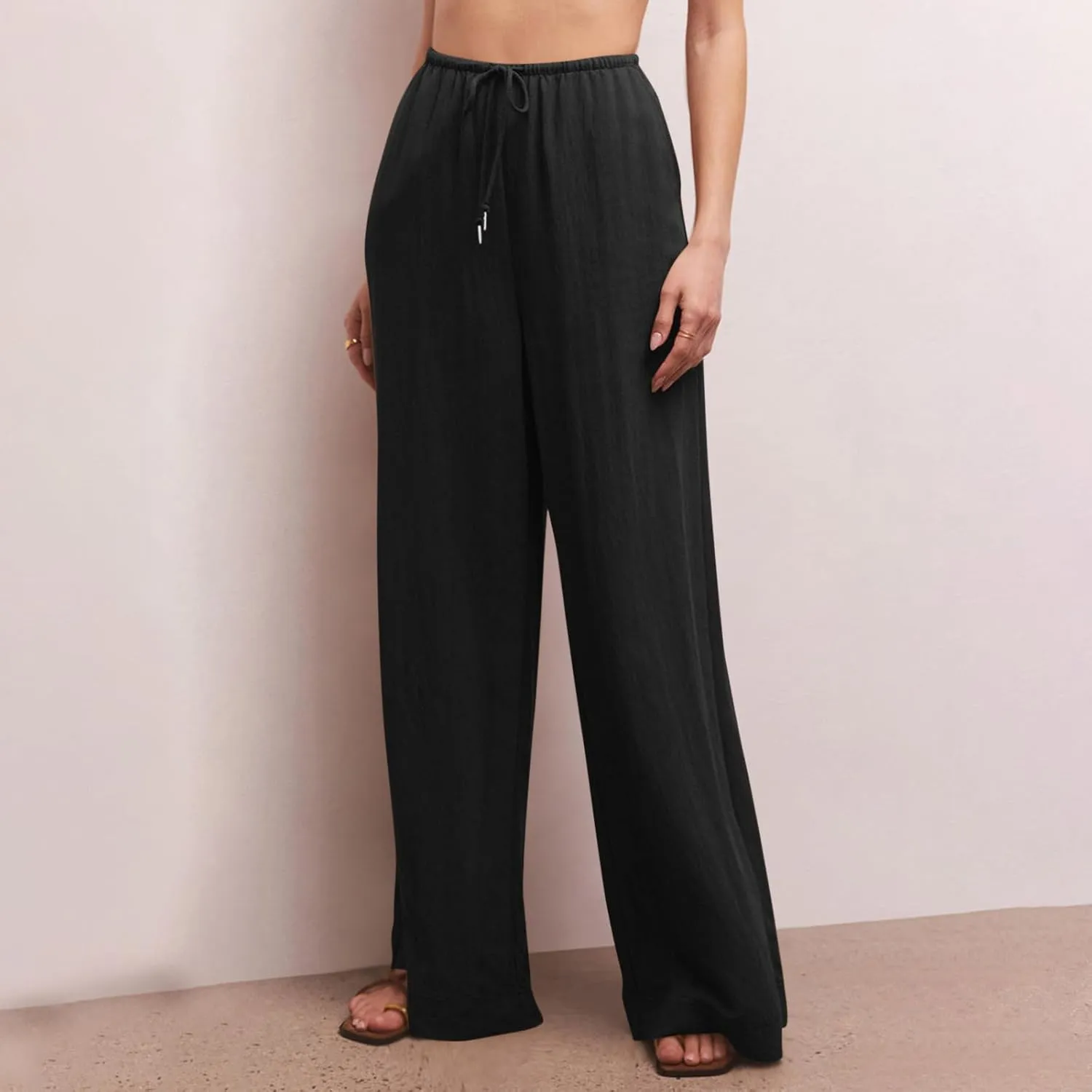 Palazzo Pants for Women Cotton Linen Summer Lounge Pants Casual Comfy Elastic Side Slit Wide Leg Beach Trousers