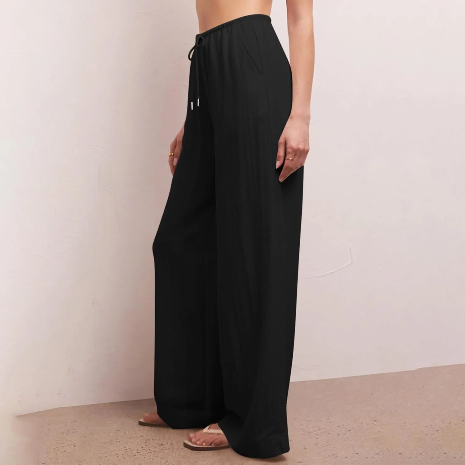 Palazzo Pants for Women Cotton Linen Summer Lounge Pants Casual Comfy Elastic Side Slit Wide Leg Beach Trousers