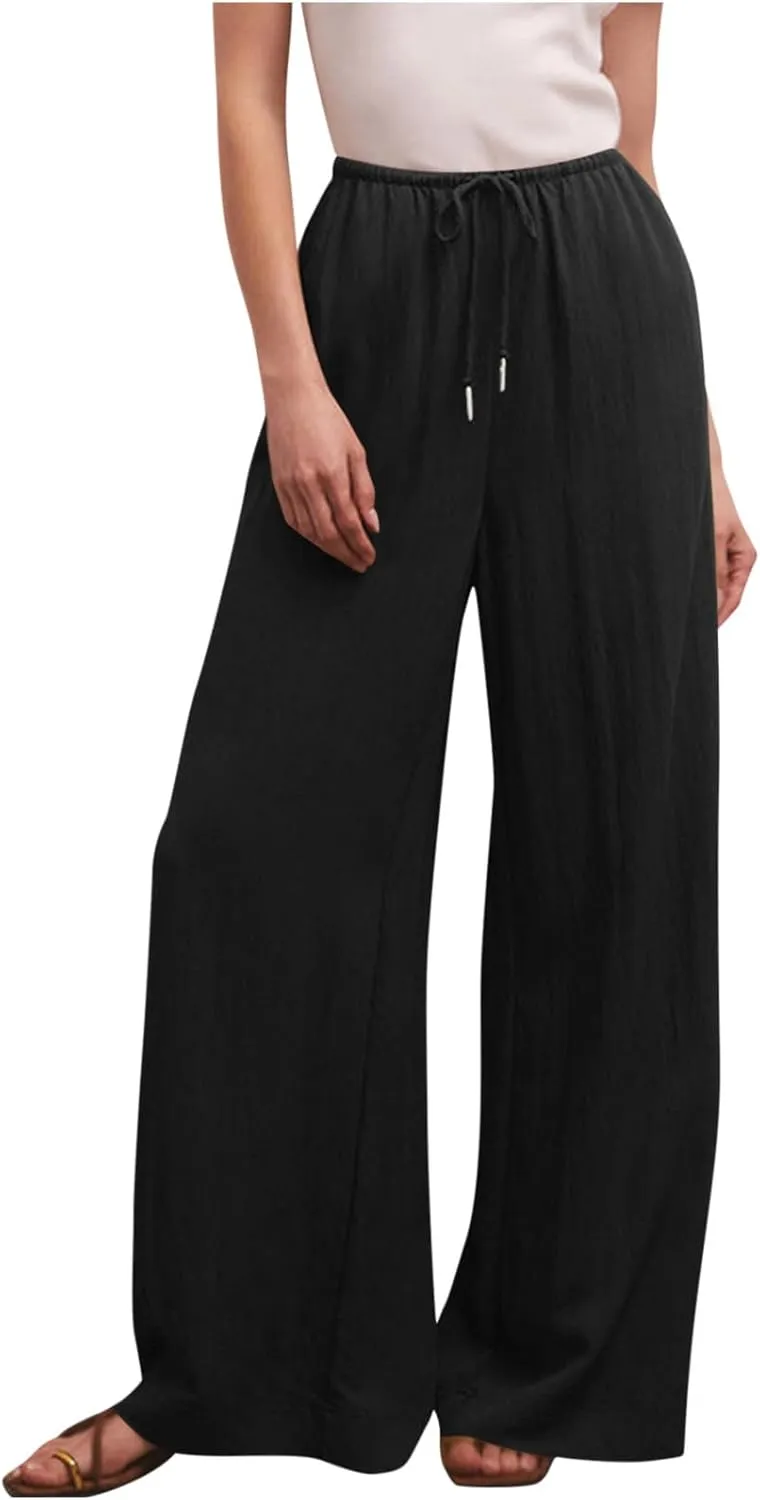 Palazzo Pants for Women Cotton Linen Summer Lounge Pants Casual Comfy Elastic Side Slit Wide Leg Beach Trousers