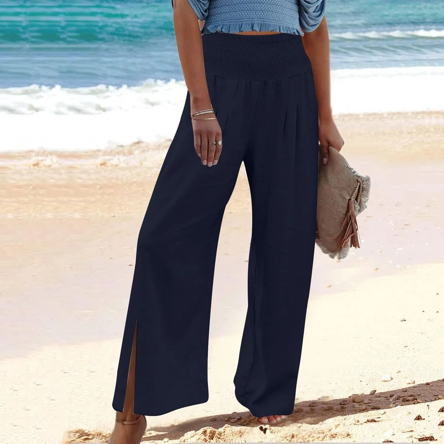 Palazzo Pants for Women Cotton Linen Summer Lounge Pants Casual Comfy Elastic Side Slit Wide Leg Beach Trousers
