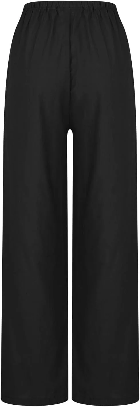 Palazzo Pants for Women Cotton Linen Summer Lounge Pants Casual Comfy Elastic Side Slit Wide Leg Beach Trousers
