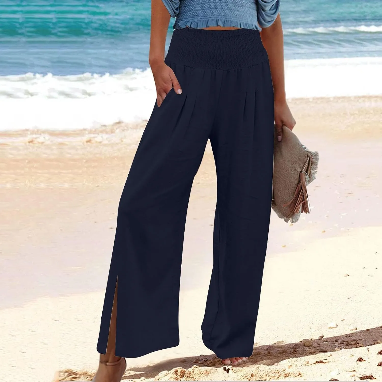 Palazzo Pants for Women Cotton Linen Summer Lounge Pants Casual Comfy Elastic Side Slit Wide Leg Beach Trousers