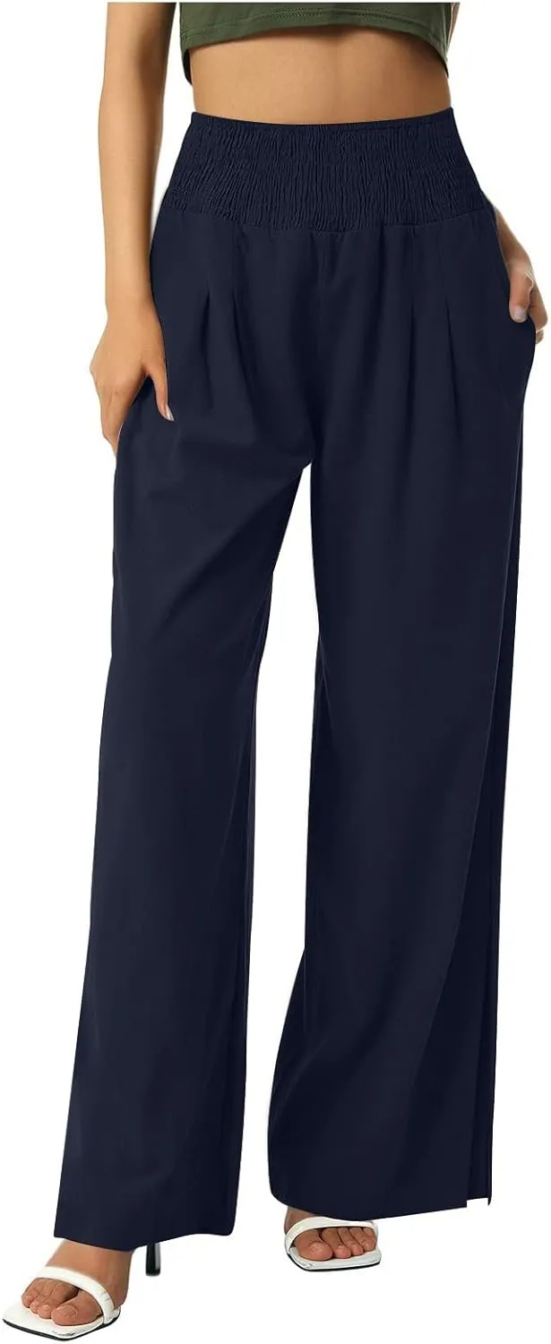 Palazzo Pants for Women Cotton Linen Summer Lounge Pants Casual Comfy Elastic Side Slit Wide Leg Beach Trousers