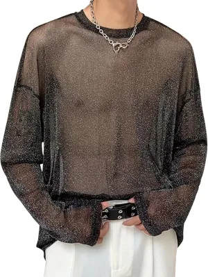 Panegy Men's Sheer Top Disco Rave Festival Outfits Rock Bands Nightclub Party Tee Shirts Blouse 70s Streetwear