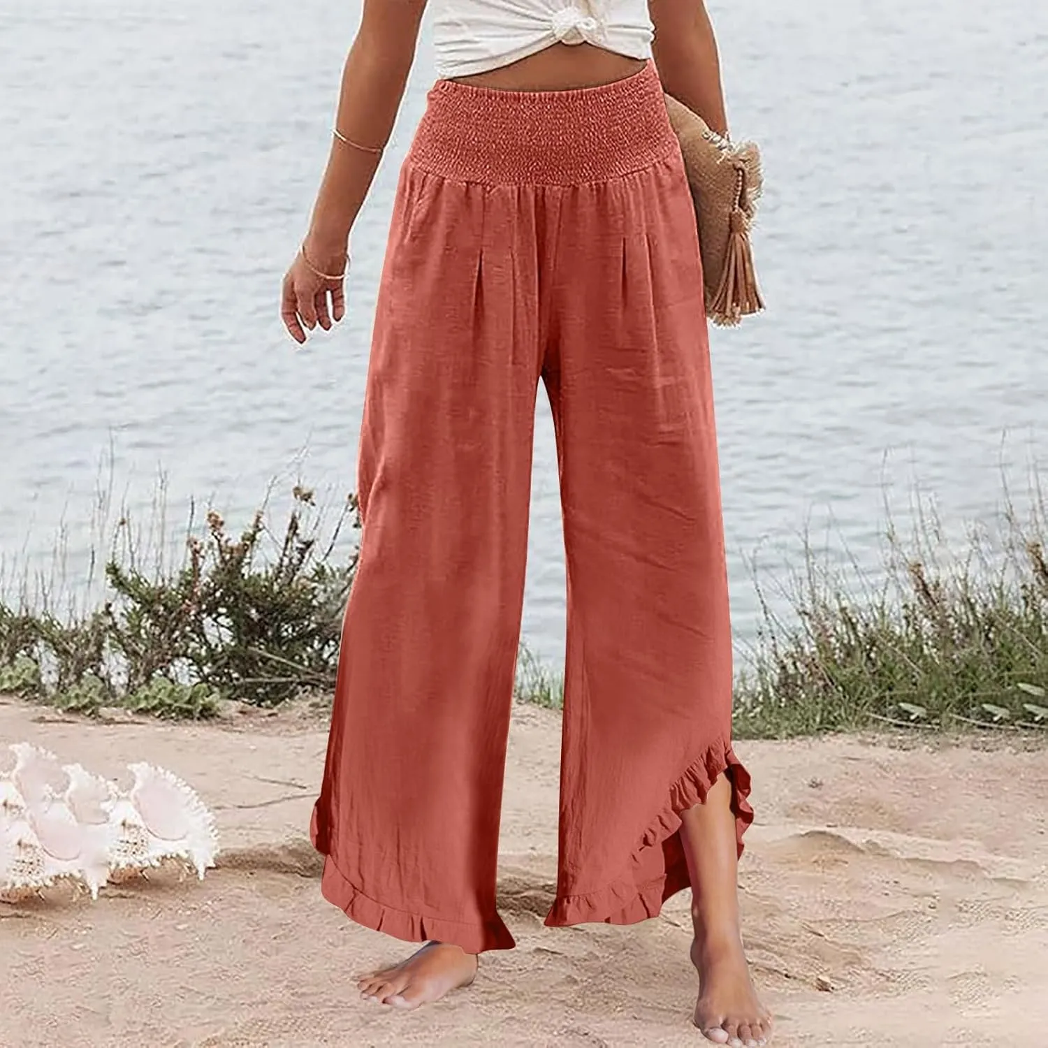 Pants for Women, Straight Leg Summer High Waisted Linen Pants Wide Palazzo