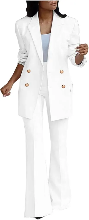 Pants Suit for Women 2 Piece Outfits Long Sleeve Button Business Blazer Suits Set High Waisted Bell Bottom Pants
