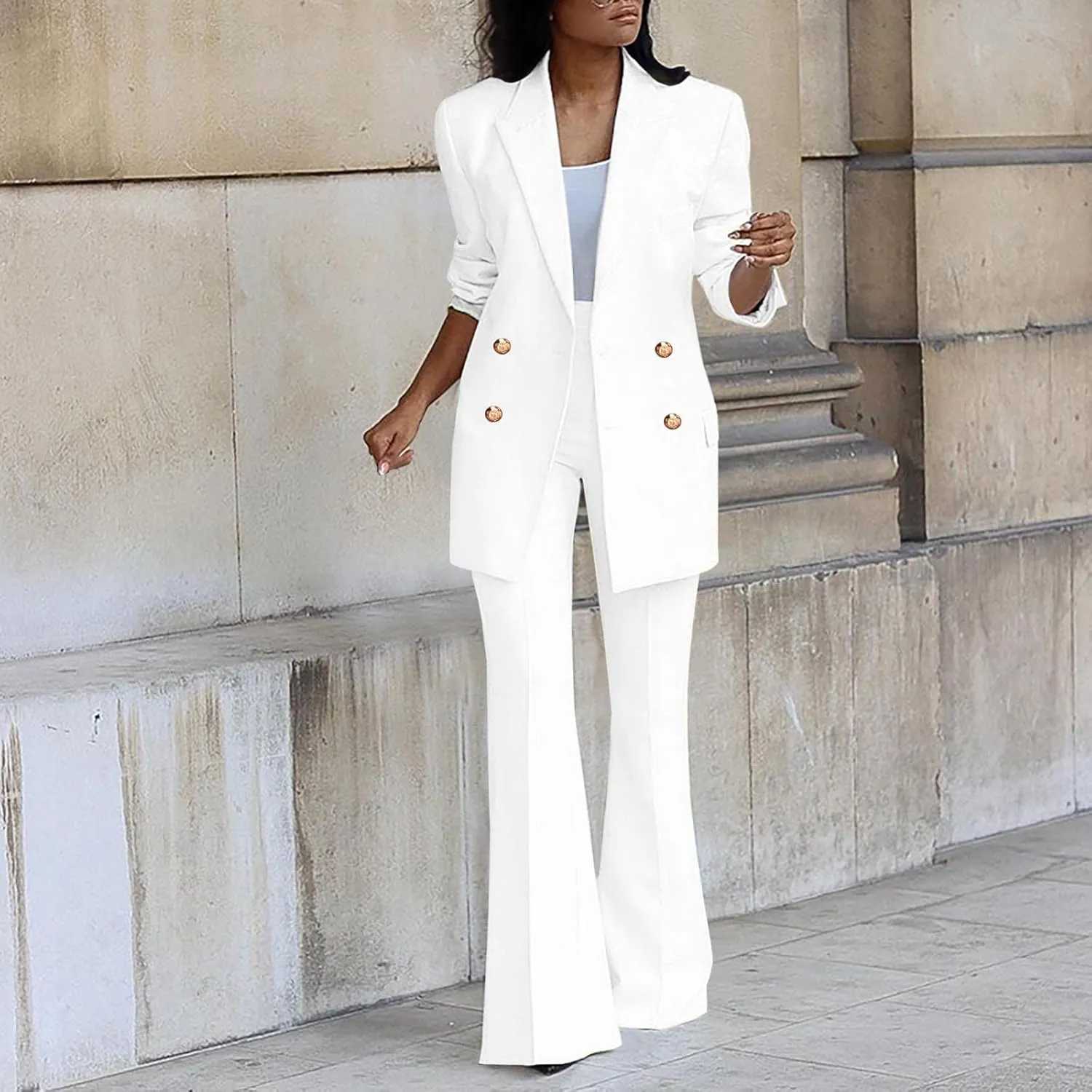 Pants Suit for Women 2 Piece Outfits Long Sleeve Button Business Blazer Suits Set High Waisted Bell Bottom Pants