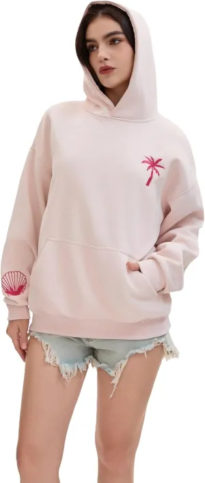 Pink Embroidered Palm Tree Hooded Sweatshirt Cute Girls Oversized Sweatshirt Hibiscus Flower Printed Cotton Top