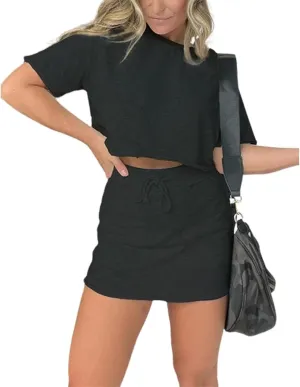 Pink Laura Women's Lounge Cropped Tee Skort Set Tennis Skirt Sets Women 2 Piece Outfits Summer Sweat Skort Set