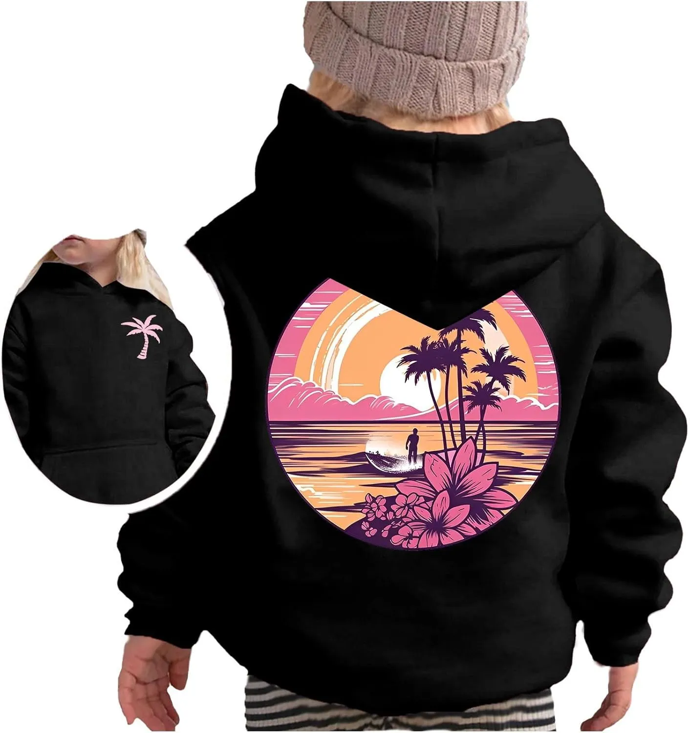 Pink Pom Puff Hoodies For Kids Meet Me At The Ocean Cute Preppy Sweatshirt Teen Girls Oversized Y2K Casual Pullover