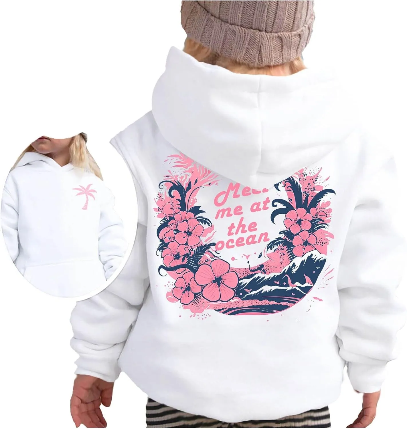 Pink Pom Puff Hoodies For Kids Meet Me At The Ocean Cute Preppy Sweatshirt Teen Girls Oversized Y2K Casual Pullover