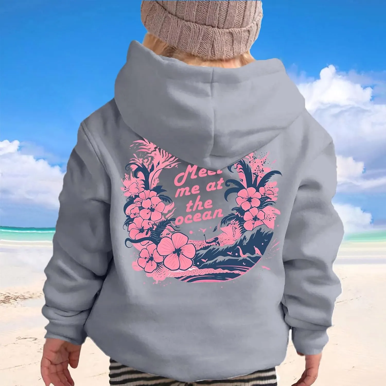 Pink Pom Puff Hoodies For Kids Meet Me At The Ocean Cute Preppy Sweatshirt Teen Girls Oversized Y2K Casual Pullover