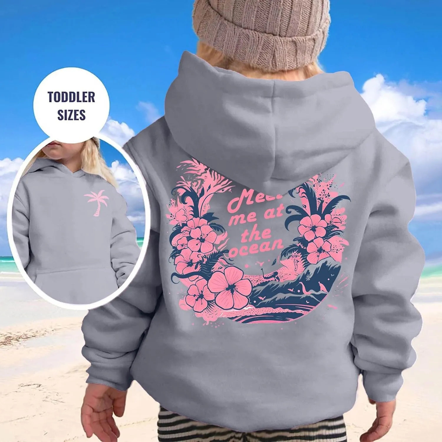 Pink Pom Puff Hoodies For Kids Meet Me At The Ocean Cute Preppy Sweatshirt Teen Girls Oversized Y2K Casual Pullover