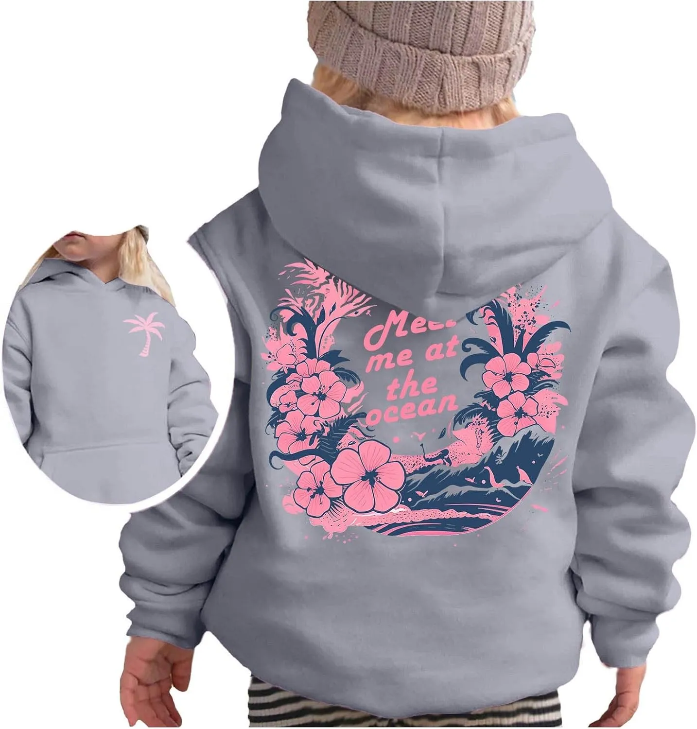 Pink Pom Puff Hoodies For Kids Meet Me At The Ocean Cute Preppy Sweatshirt Teen Girls Oversized Y2K Casual Pullover