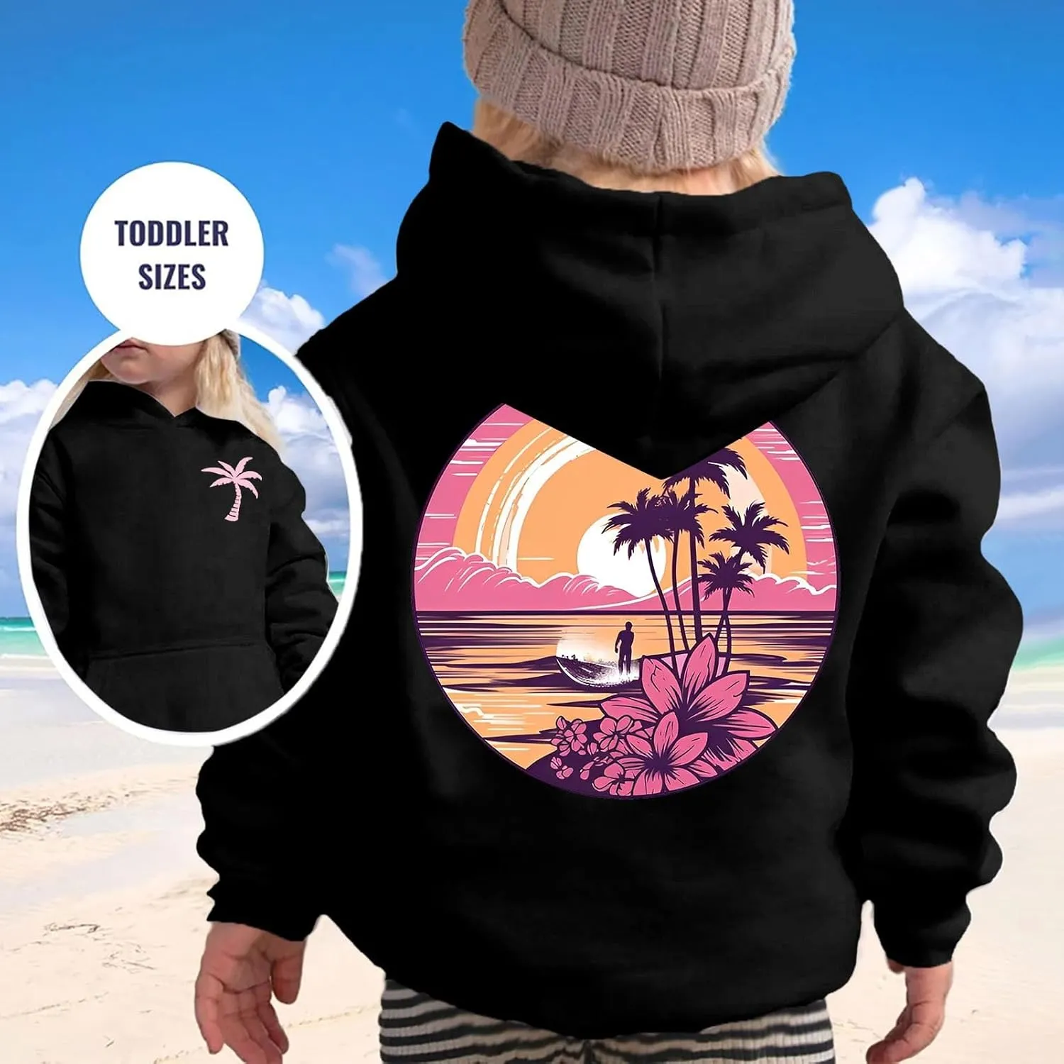 Pink Pom Puff Hoodies For Kids Meet Me At The Ocean Cute Preppy Sweatshirt Teen Girls Oversized Y2K Casual Pullover