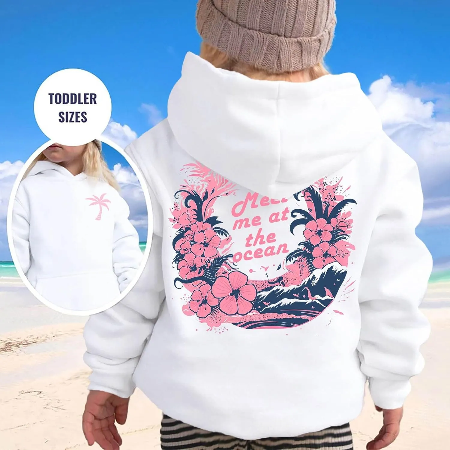 Pink Pom Puff Hoodies For Kids Meet Me At The Ocean Cute Preppy Sweatshirt Teen Girls Oversized Y2K Casual Pullover