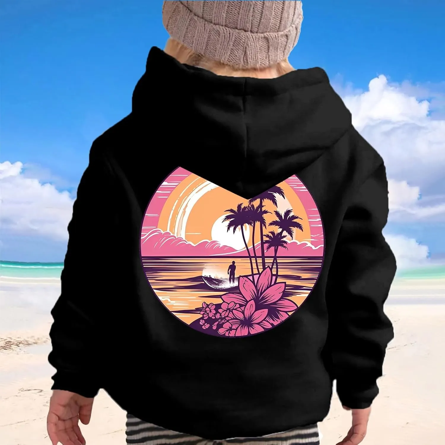 Pink Pom Puff Hoodies For Kids Meet Me At The Ocean Cute Preppy Sweatshirt Teen Girls Oversized Y2K Casual Pullover