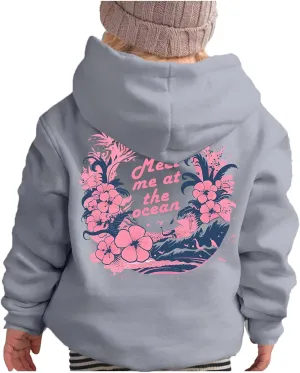 Pink Pom Puff Hoodies For Kids Meet Me At The Ocean Cute Preppy Sweatshirt Teen Girls Oversized Y2K Casual Pullover