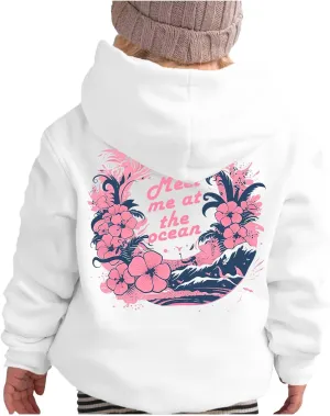 Pink Pom Puff Hoodies For Kids Meet Me At The Ocean Cute Preppy Sweatshirt Teen Girls Oversized Y2K Casual Pullover