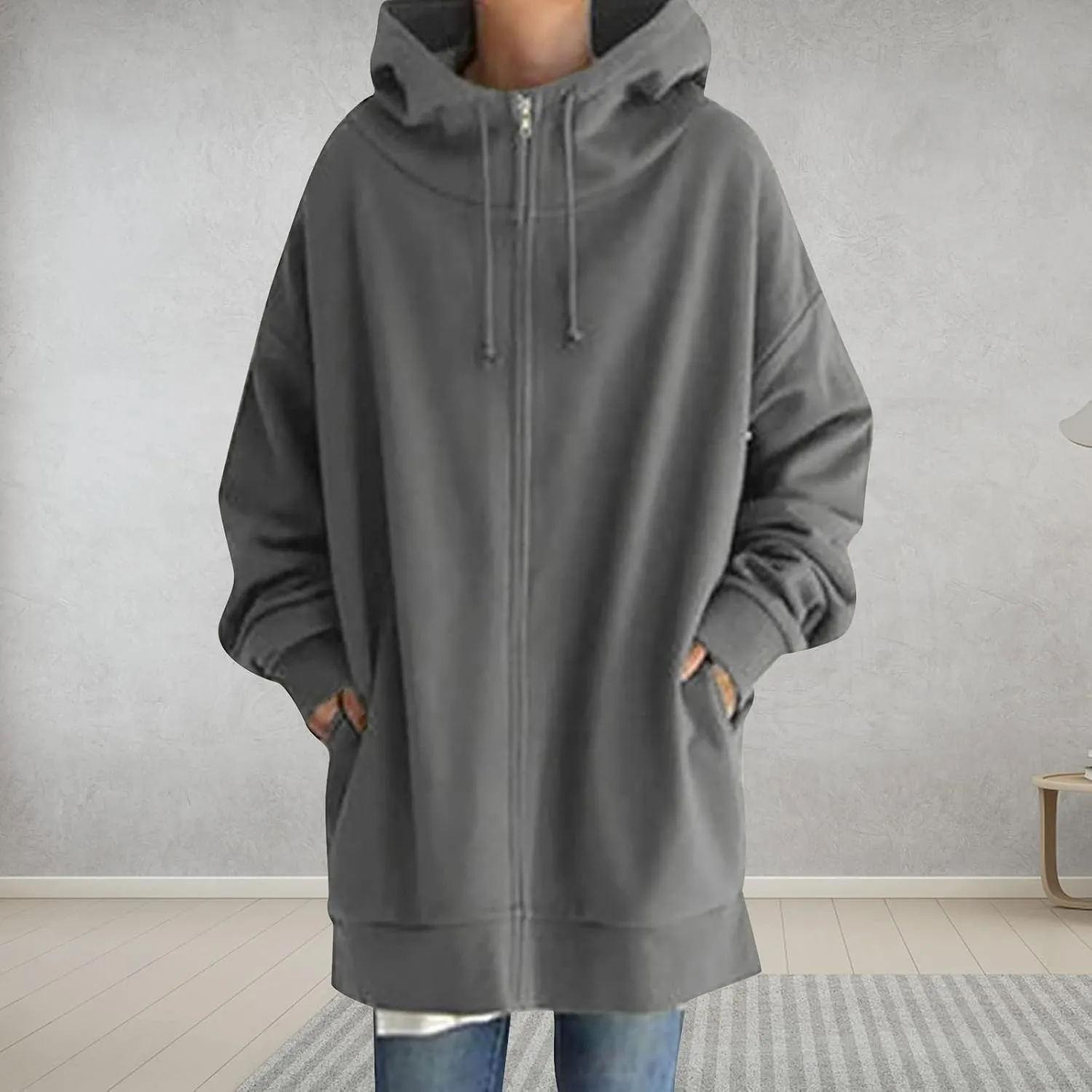 Plus Size Zip Up Hoodies For Women Casual Long Sleeve Hooded Long Sweatshirts Fall Fashion Winter Jackets With Pockets