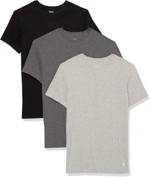 POLO Men's Slim Fit Stretch Crew Tee, Black/White, Charcoal Heather/White, Andover Heather/White-3 Pack, X-Large