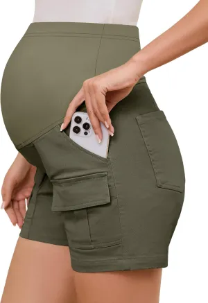 POSHGLAM Women's Maternity Cargo Shorts Over Belly Stretchy Comfy Cotton Jean Shorts with 6 Pockets