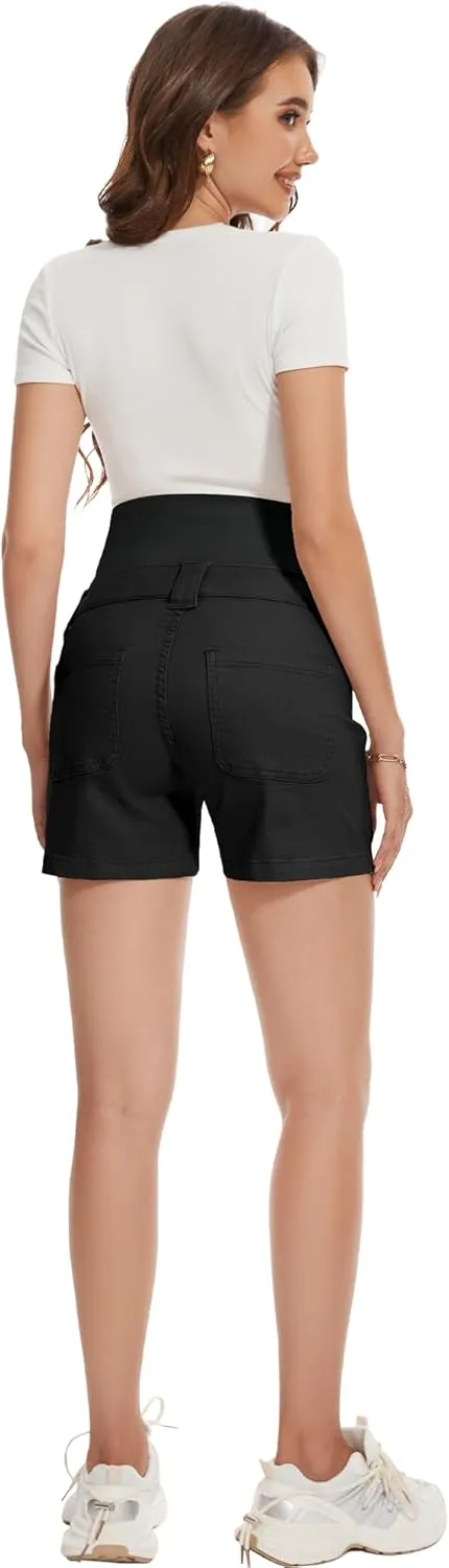 POSHGLAM Women's Maternity Cargo Shorts Over Belly Stretchy Comfy Cotton Jean Shorts with 6 Pockets