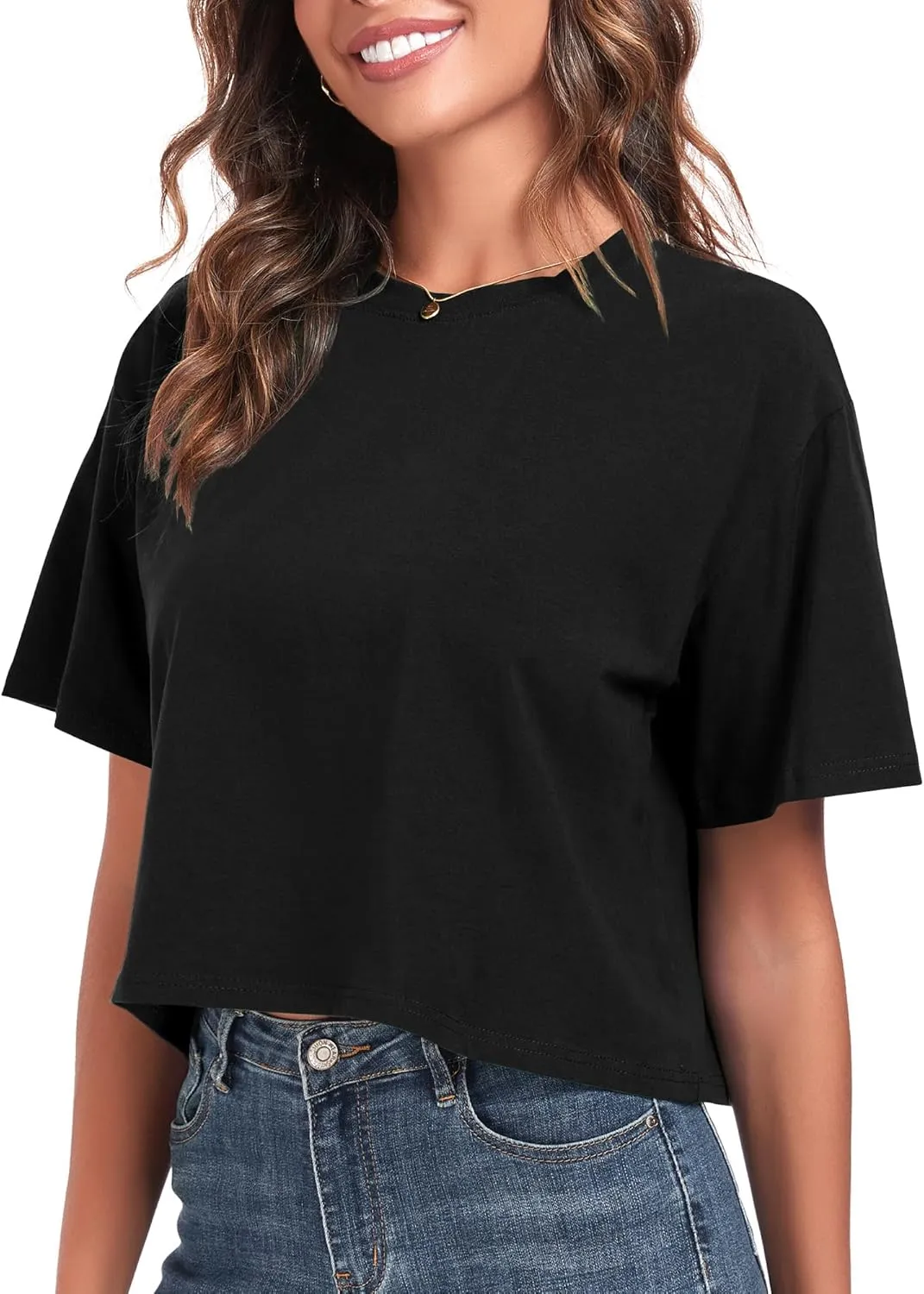 PRIMODA Women's Oversized Workout Cropped T Shirts Crew Neck Short Sleeve Casual Loose Summer Crop Tee Tops Cotton