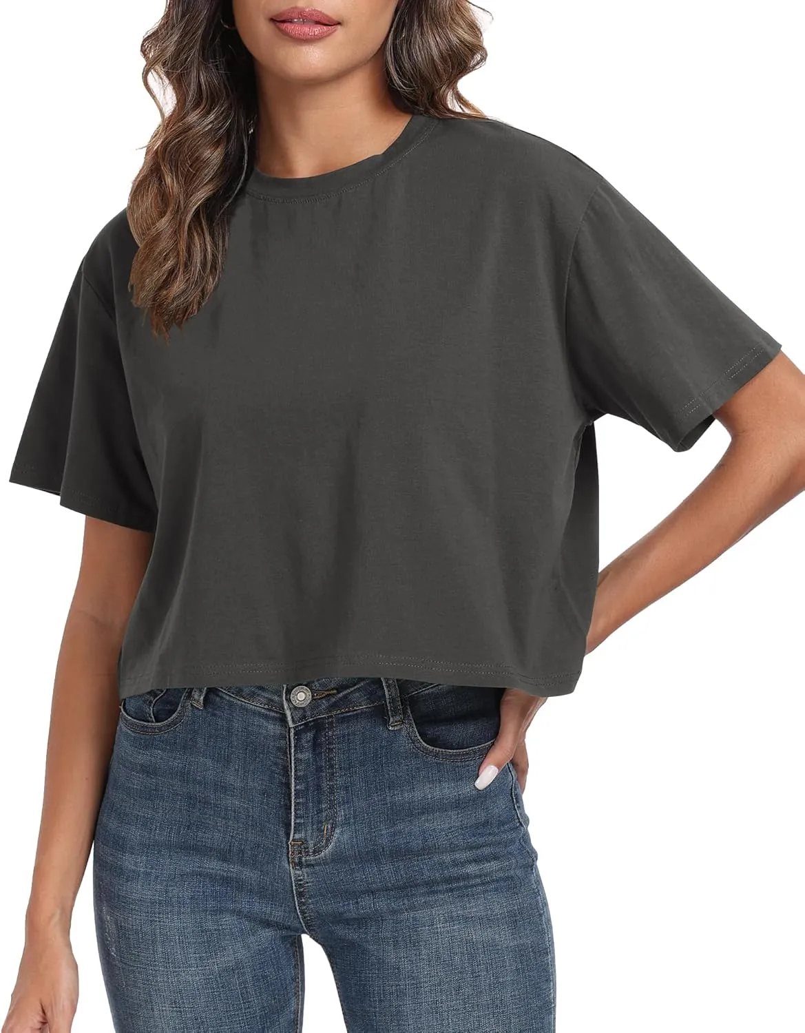 PRIMODA Women's Oversized Workout Cropped T Shirts Crew Neck Short Sleeve Casual Loose Summer Crop Tee Tops Cotton