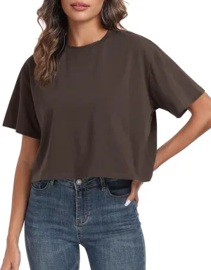 PRIMODA Women's Oversized Workout Cropped T Shirts Crew Neck Short Sleeve Casual Loose Summer Crop Tee Tops Cotton