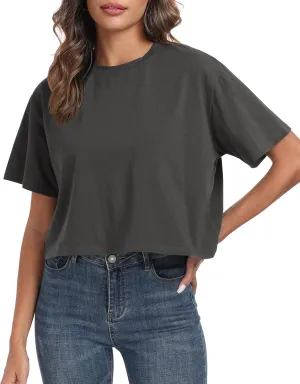 PRIMODA Women's Oversized Workout Cropped T Shirts Crew Neck Short Sleeve Casual Loose Summer Crop Tee Tops Cotton