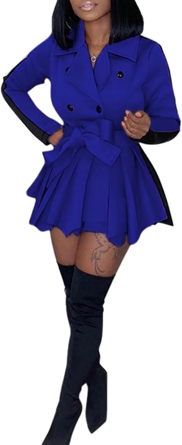 RAMOUG Two Tone Lapel V Neck Double Breasted Peplum Jacket Sexy Belted Blazer Mini Dress