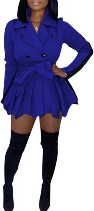 RAMOUG Two Tone Lapel V Neck Double Breasted Peplum Jacket Sexy Belted Blazer Mini Dress