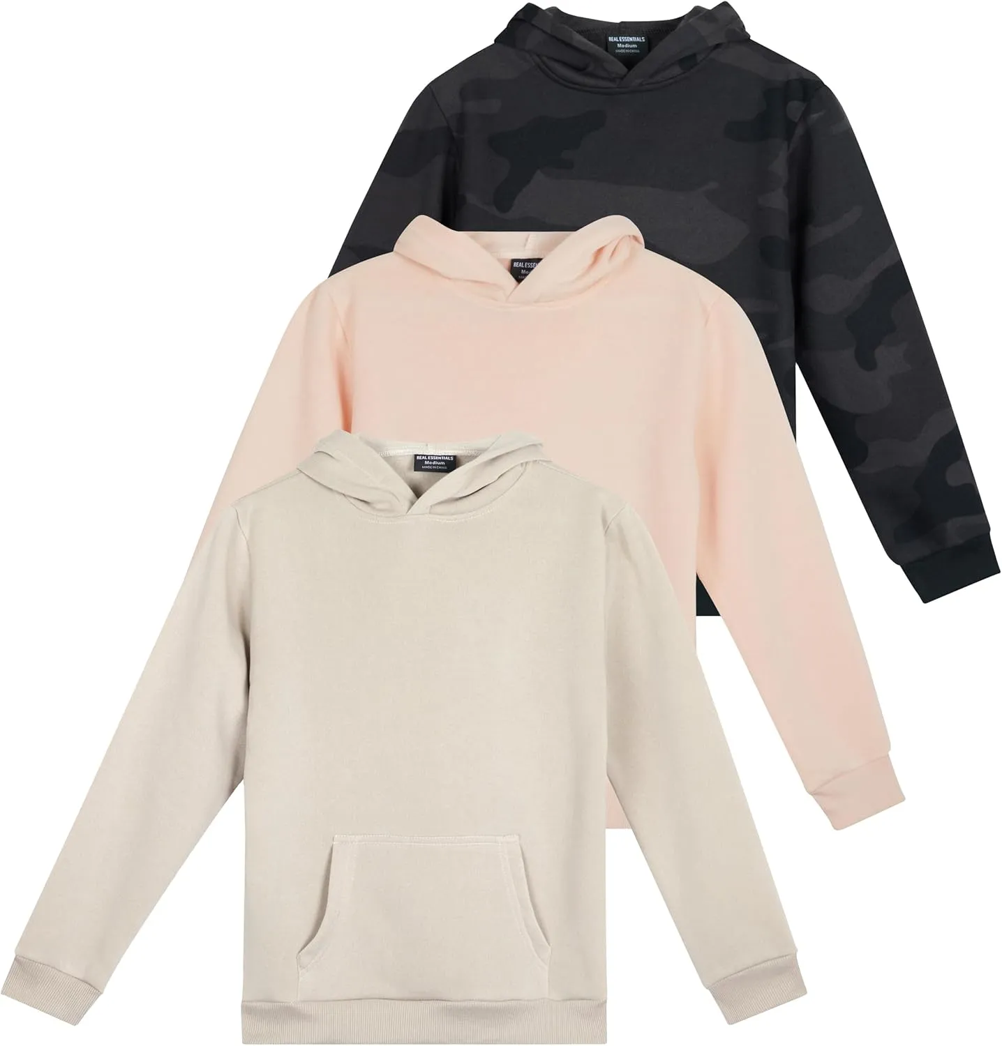 Real Essentials 3 Pack: Girls' Soft Brushed Fleece Pullover Hoodie Sweatshirt With Kangaroo Pocket (Ages 7-16)