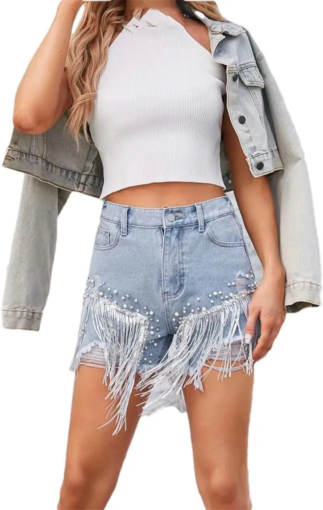 Ripped Denim Shorts for Women Tassel Beading Diamond Tassel Hot Pants High Waist Ladies Jean Shorts