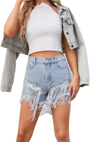 Ripped Denim Shorts for Women Tassel Beading Diamond Tassel Hot Pants High Waist Ladies Jean Shorts