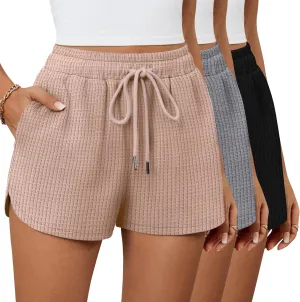 Riyiper 3 Pack Women's Waffle Knit Shorts Cotton Drawstring Lounge Summer Comfy Casual Shorts with Pockets