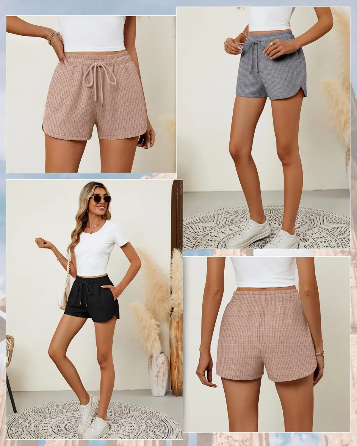 Riyiper 3 Pack Women's Waffle Knit Shorts Cotton Drawstring Lounge Summer Comfy Casual Shorts with Pockets
