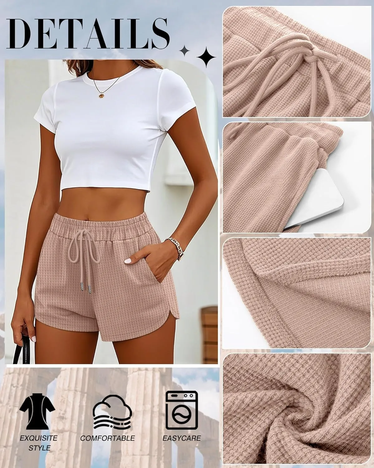 Riyiper 3 Pack Women's Waffle Knit Shorts Cotton Drawstring Lounge Summer Comfy Casual Shorts with Pockets
